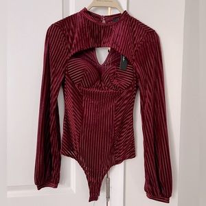 Lulus Burgundy Striped Velvet Cutout Bustier Bodysuit